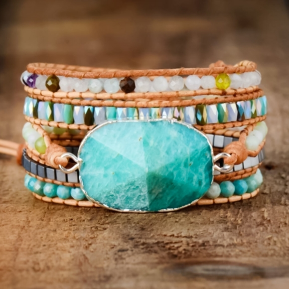 Handmade Jewelry - Amazonite Leather Handmade Beaded Wrap Bracelet